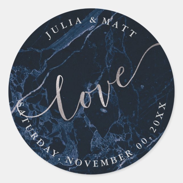 PixDezine Love/Midnight Blue Marble/Faux Silver Classic Round Sticker (Front)