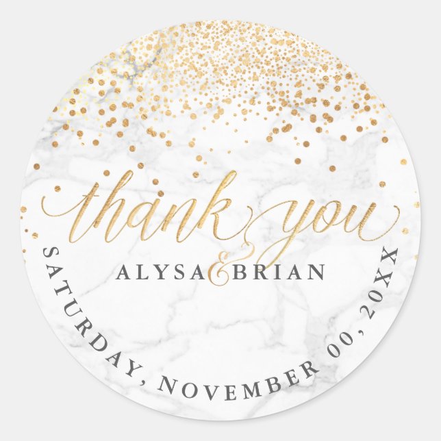 PixDezine Marble/Faux Gold Confetti Thank You Classic Round Sticker (Front)