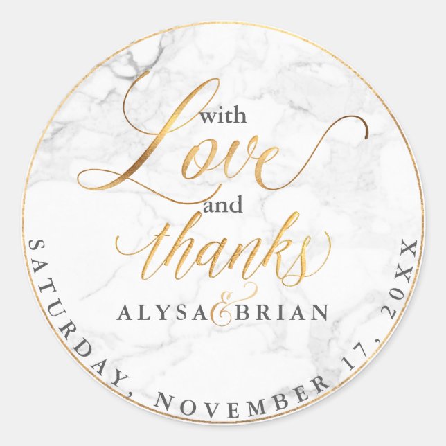 PixDezine Marble/Faux Gold Love+Thanks Classic Round Sticker (Front)