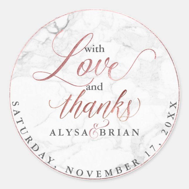 PixDezine Marble/Faux Rose Gold Love+Thanks Classic Round Sticker (Front)