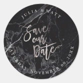 Silver save the date stickers, foil font classic round sticker