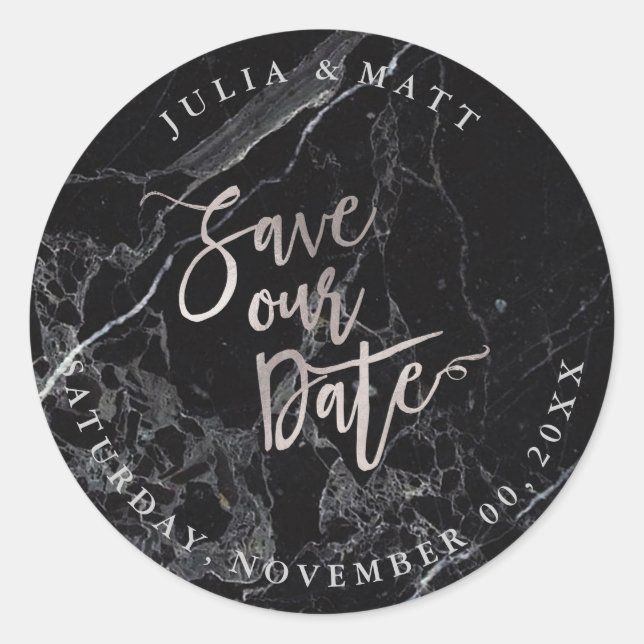 PixDezine Marble Save the Date/Faux Silver Classic Round Sticker (Front)
