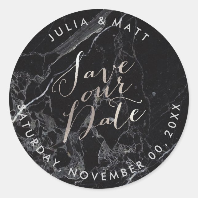 PixDezine Marble Save the Date/Faux Silver Classic Round Sticker (Front)