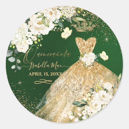 PixDezine Quinceanera Gold Glitter Gown Roses Classic Round Sticker