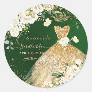 PixDezine Quinceanera Gold Glitter Gown Roses Classic Round Sticker