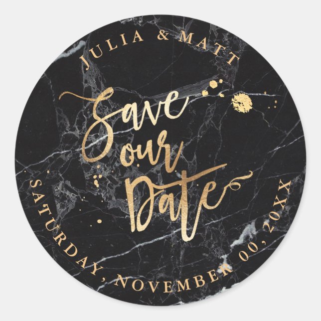 PixDezine Save the Date/Marable+Faux Gold Classic Round Sticker (Front)