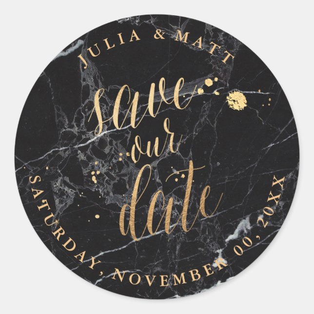 PixDezine Save the Date/Marble+Faux Gold Classic Round Sticker (Front)
