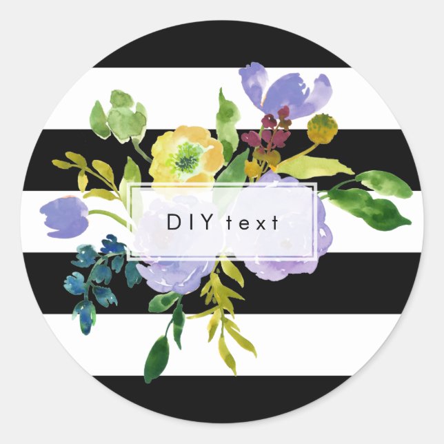 PixDezine watercolor floral/ranunculus/stripes Classic Round Sticker (Front)