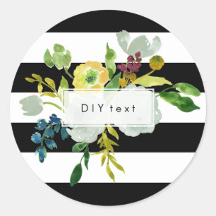PixDezine watercolor floral/stripes Classic Round Sticker