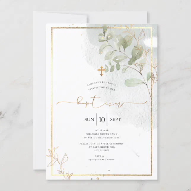 PixDezine Watercolor Green Gold Baptism Invitation | Zazzle