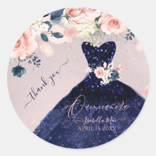 PixDezineQuinceanera Navy Glitter Gown Blush Roses Classic Round Sticker