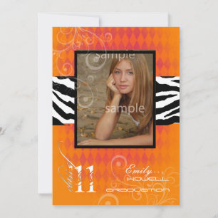 PixDezines 2011 Graduation, Orange Harlequin+Zebra Invitation