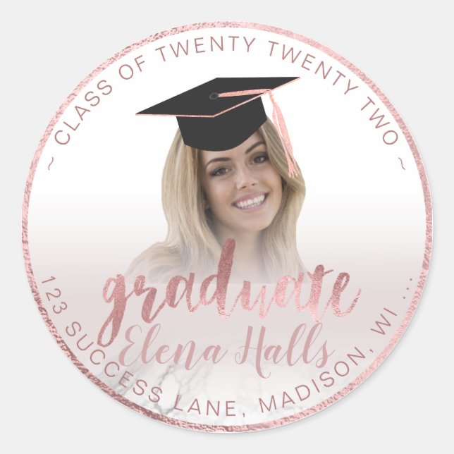 PixDezines 2018 Graduation/Marble+Faux Rose Gold Classic Round Sticker (Front)