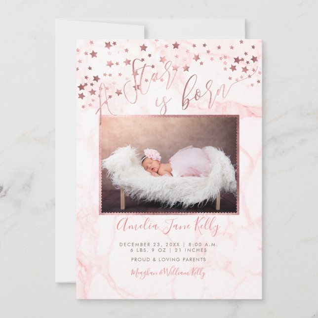 PixDezines A Star is Born, Rose Gold Stars+Marble Invitation (Front)