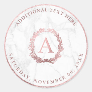 PixDezines A-Z, DIY Faux Rose Gold Monogram+Marble Classic Round Sticker