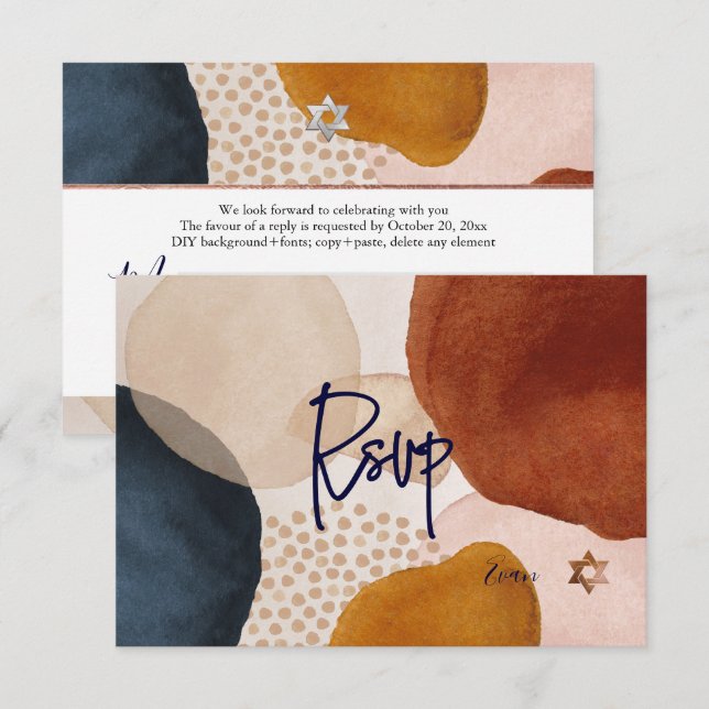 PixDezines Abstract RSVP Navy Bar Mitzvah✡ Card (Front/Back)