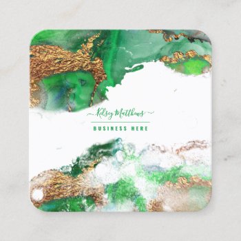 Pixdezines Abstract Watercolor Gold Emerald Square Business Card by Create_Business_Card at Zazzle