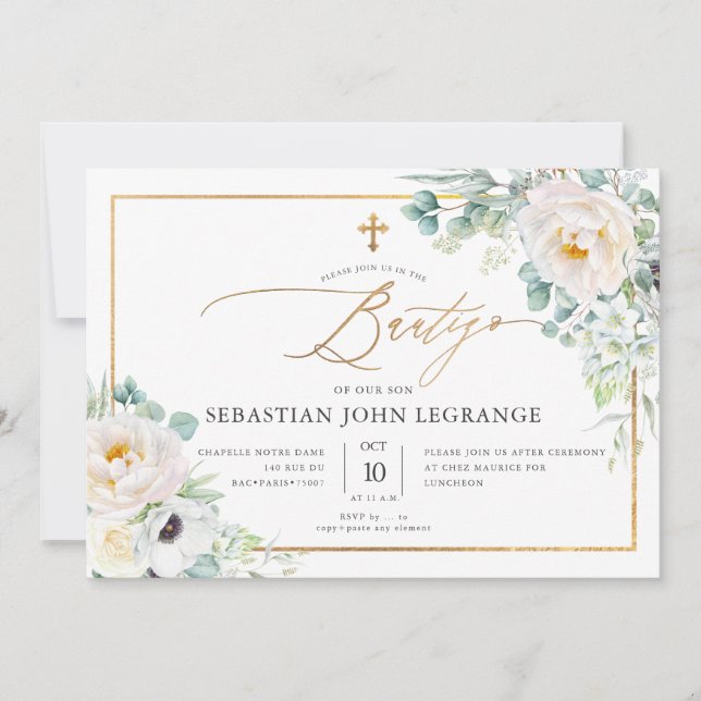 PixDezines Acuarela Peonias Eucalipto Batismo Invitation (Front)