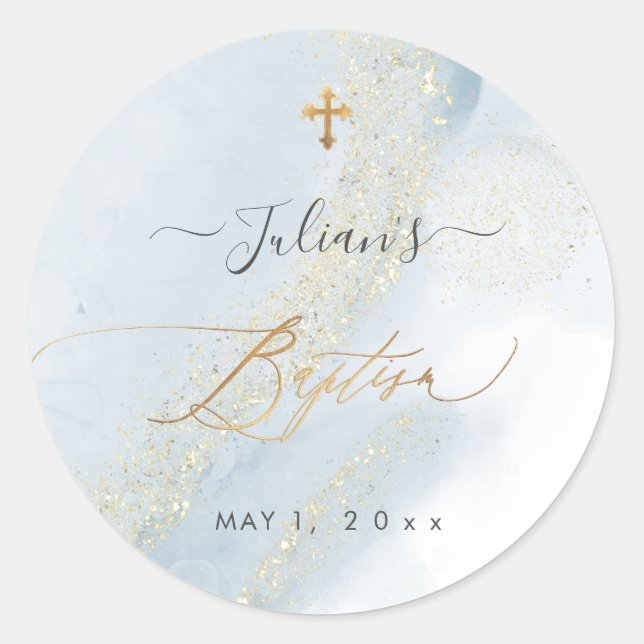 PixDezines Alcohol+Ink Dusty Blue Gold Baptism Classic Round Sticker (Front)