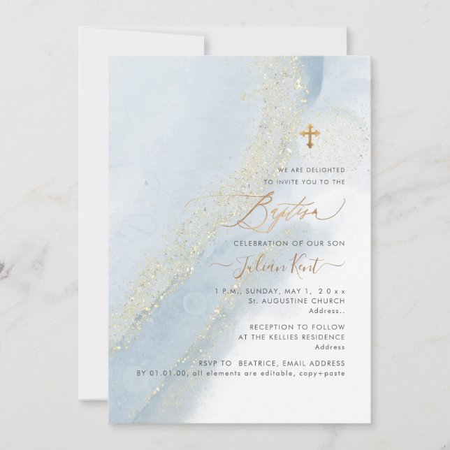 PixDezines Alcohol+Ink Dusty Blue Gold Baptism Invitation (Front)
