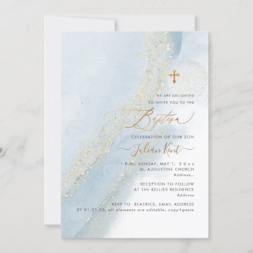 PixDezines AlcoholInk Dusty Blue Gold Baptism Invitation