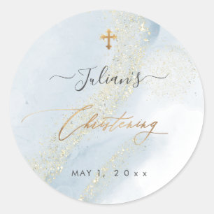 PixDezines Alcohol+Ink Dusty Blue Gold Christening Classic Round Sticker