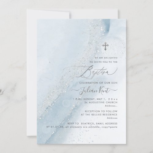 PixDezines AlcoholInk Dusty Blue Silver Baptism Invitation