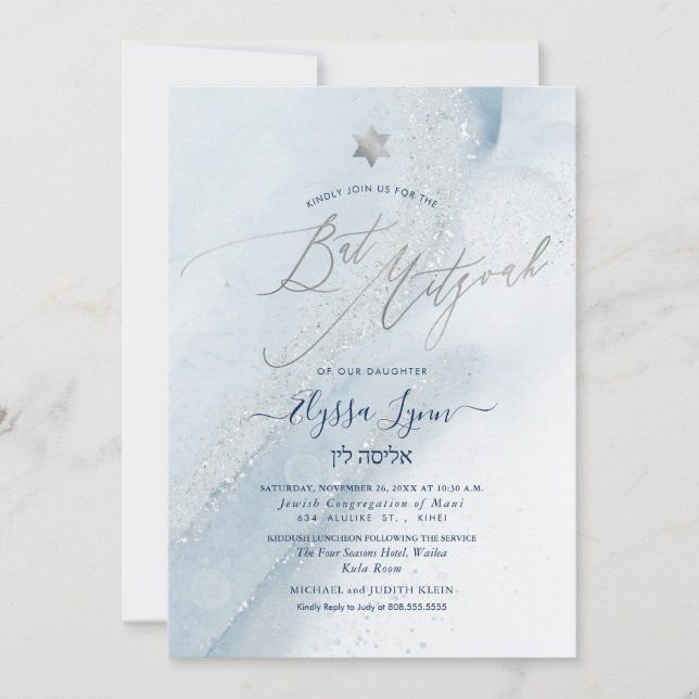 PixDezines Alcohol+Ink Dusty Blue Silver Mitzvah Invitation (Front)
