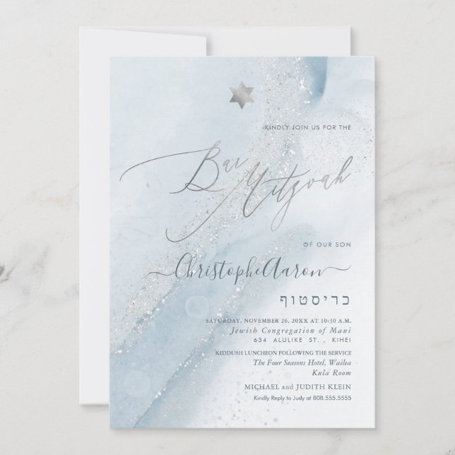 PixDezines Alcohol+Ink Dusty Blue Silver Mitzvah Invitation (Front)
