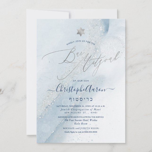 PixDezines Alcohol+Ink Dusty Blue Silver Mitzvah Invitation (Front)