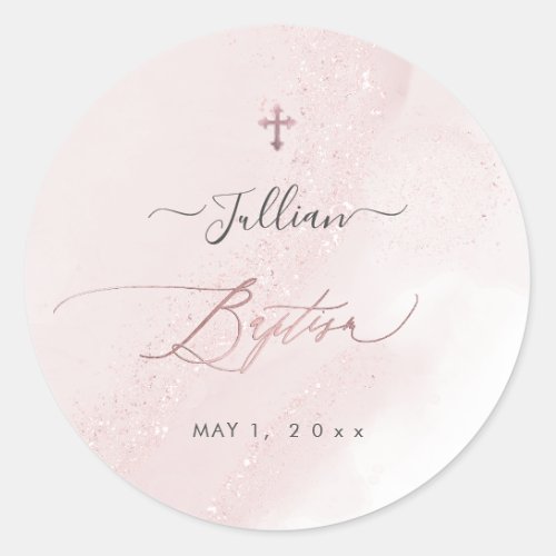 PixDezines AlcoholInk Blush Pink Rose Gold Baptism Classic Round Sticker