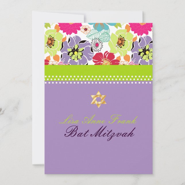 PixDezines Alegre retro floral, Bat Mitzvah Invitation (Front)