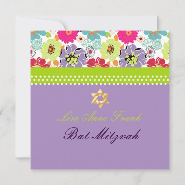 PixDezines Alegre retro floral, Bat Mitzvah Invitation (Front)