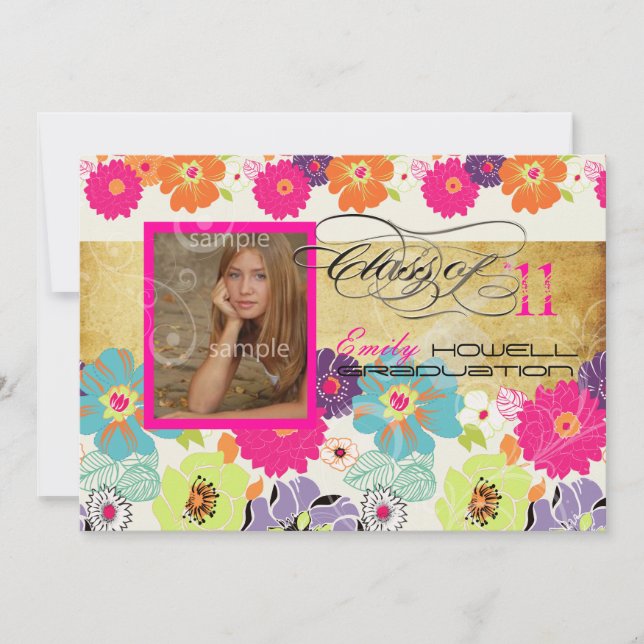 PixDezines ALEGRE RETRO FLOWERS GRADUATI Invitation (Front)