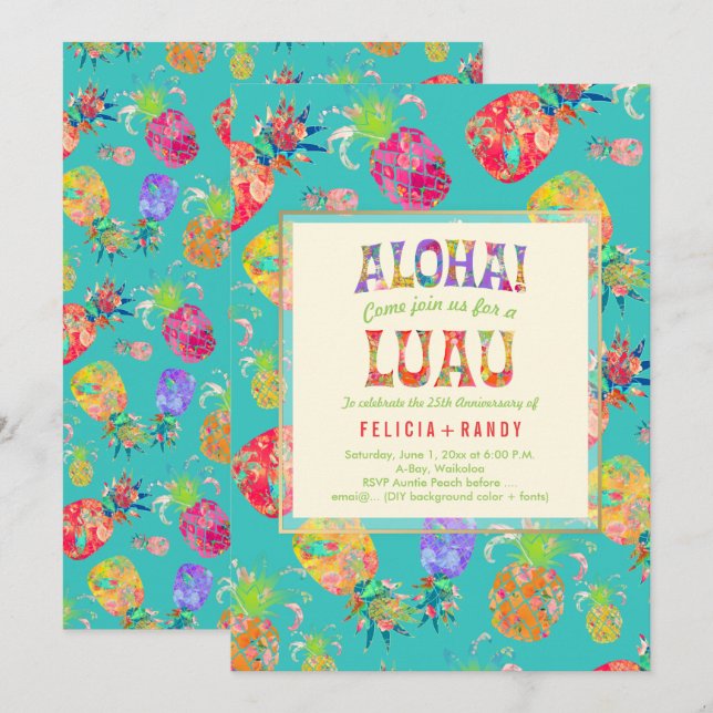 PixDezines Aloha Hawaiian Pineapples/DIY Teal Invitation (Front/Back)