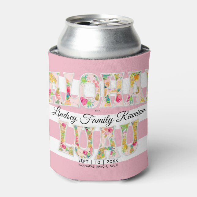 PixDezines Aloha Luau Pink Flamingos Can Cooler (Can Front)