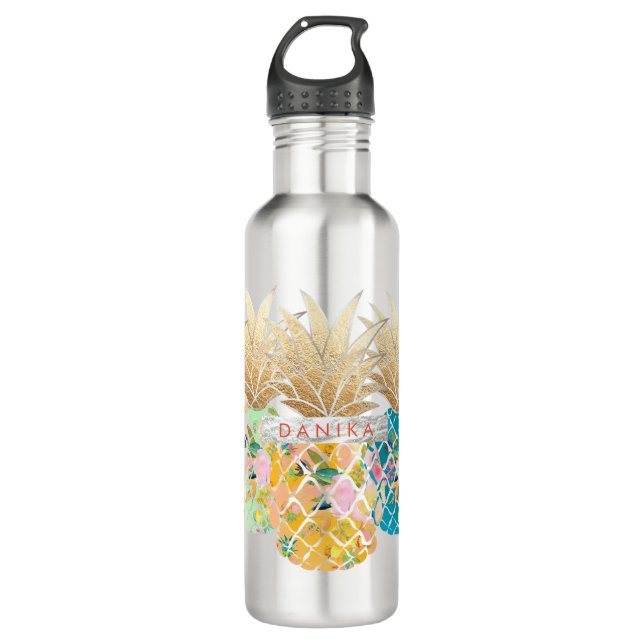 PixDezines Aloha Pineapple+Floral Watercolor Water Bottle (Front)