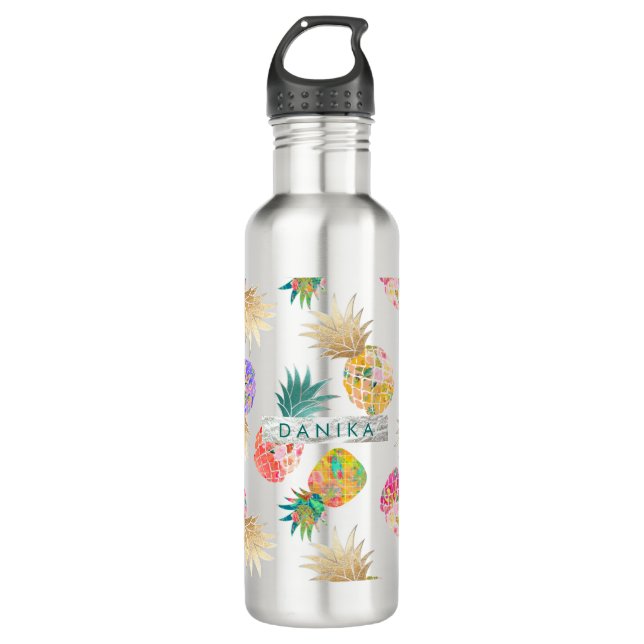 PixDezines Aloha Pineapple+Floral Watercolor Water Bottle (Front)