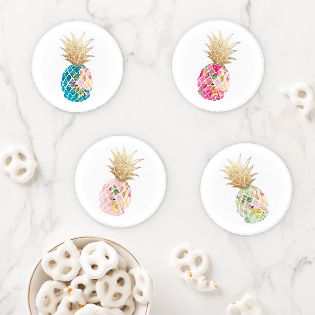PixDezines Aloha Pineapples Faux Gold Crown Coaster Set (In Situ)