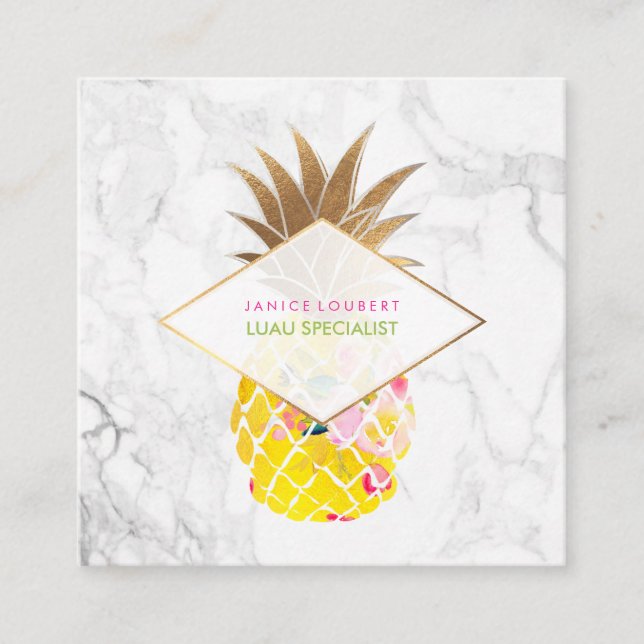 PixDezines Aloha Pineapples/Gold/Marble Square Business Card (Front)