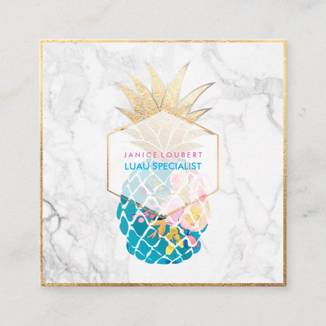 PixDezines Aloha Pineapples/Gold/Marble Square Business Card (Front)