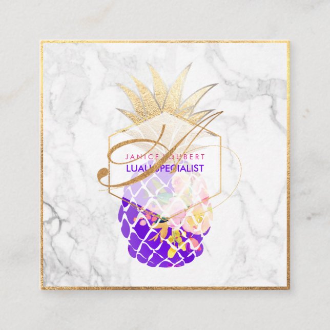 PixDezines Aloha Pineapples/Gold/Marble Square Business Card (Front)