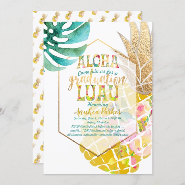 PixDezines Aloha Pineapples/Golden/Graduation Luau Invitation (Front/Back)