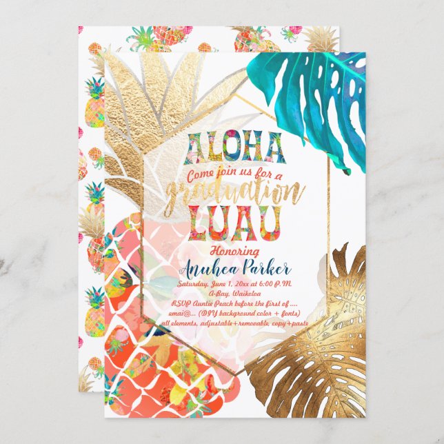 PixDezines Aloha Pineapples/Orange/Graduation Luau Invitation (Front/Back)