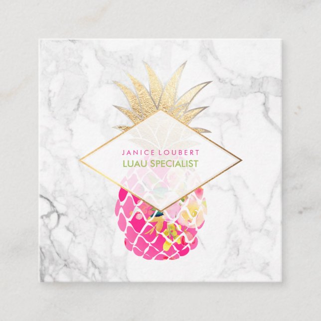 PixDezines Aloha Pineapples/Pink+Gold/Marble Square Business Card (Front)
