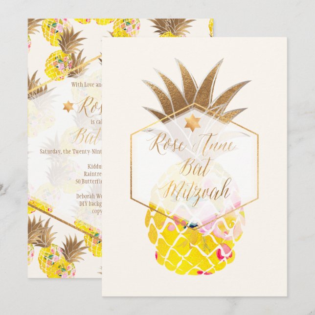 PixDezines Aloha Pineapples/Watercolor/Bat Mitzvah Invitation (Front/Back)