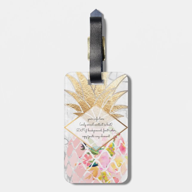 PixDezines Aloha Pineapples+White Marble Luggage Tag (Back Vertical)