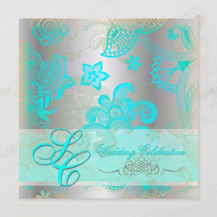 PixDezines aqua blue floral lace+faux silver Invitation
