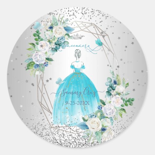 PixDezines Aqua Blue Quinceanera Dress Classic Round Sticker