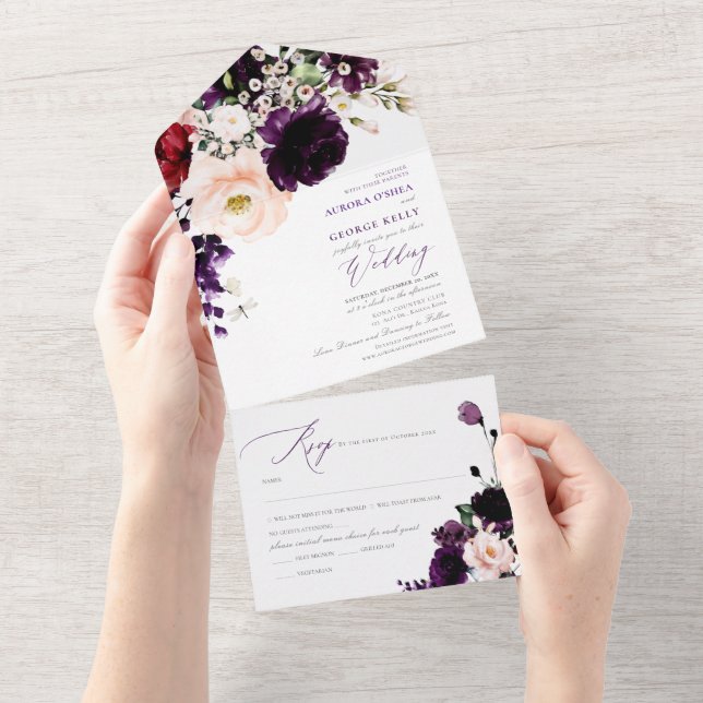 PixDezines Aubergine Blush Navy H2 Flowers All In One Invitation (Tearaway)